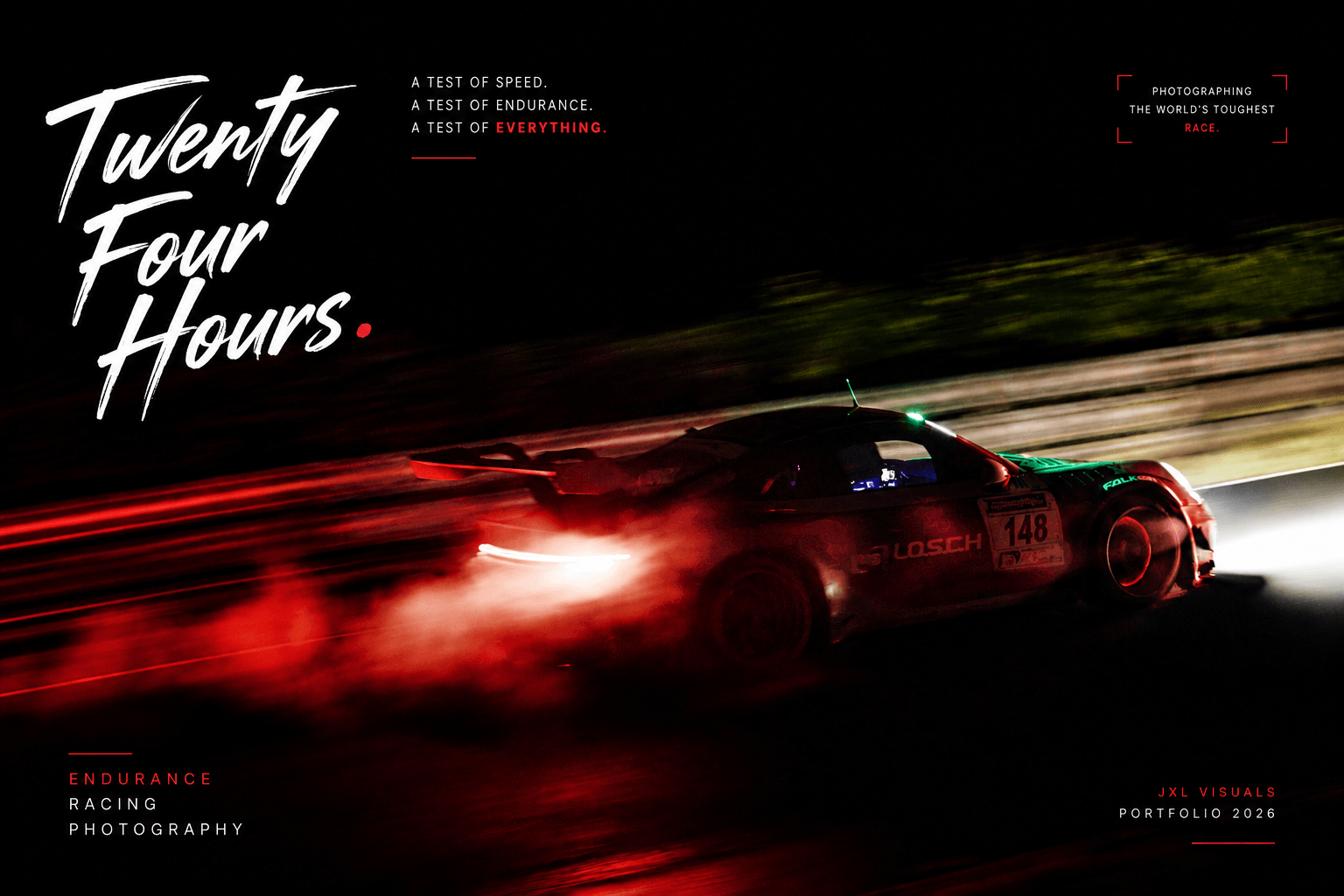 Twenty Four Hours, JXL-Visuals endurance racing poster: a GT3 car trailing red light at night